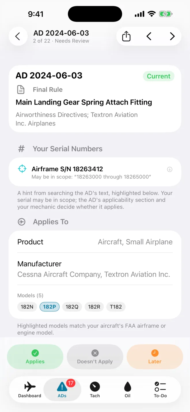 An AD's detail page with the aircraft's serial number flagged as possibly in scope, and Applies, Doesn't Apply and Later buttons.