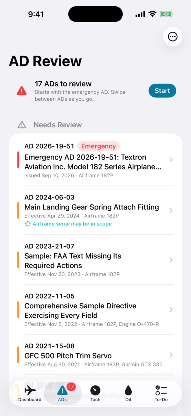 The AD Review list: seventeen Airworthiness Directives to review, led by an emergency AD.