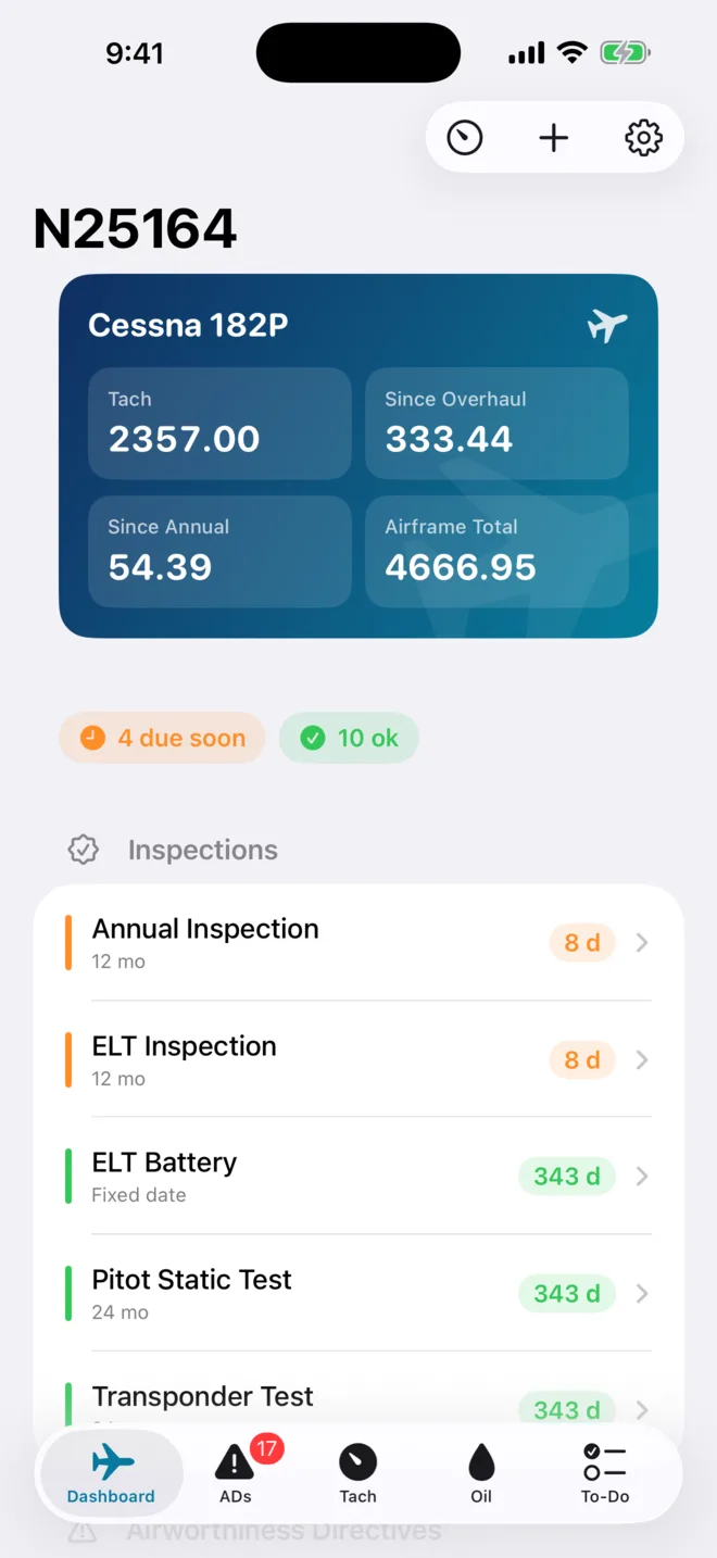The Planeworthy dashboard for a Cessna 182P: tach, time since overhaul, time since annual and airframe total, then inspections with days remaining.