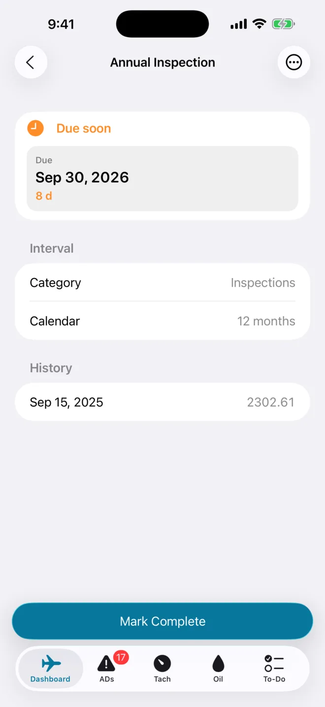 The Annual Inspection item, due September 30, 2026, eight days away, on a 12-month interval.
